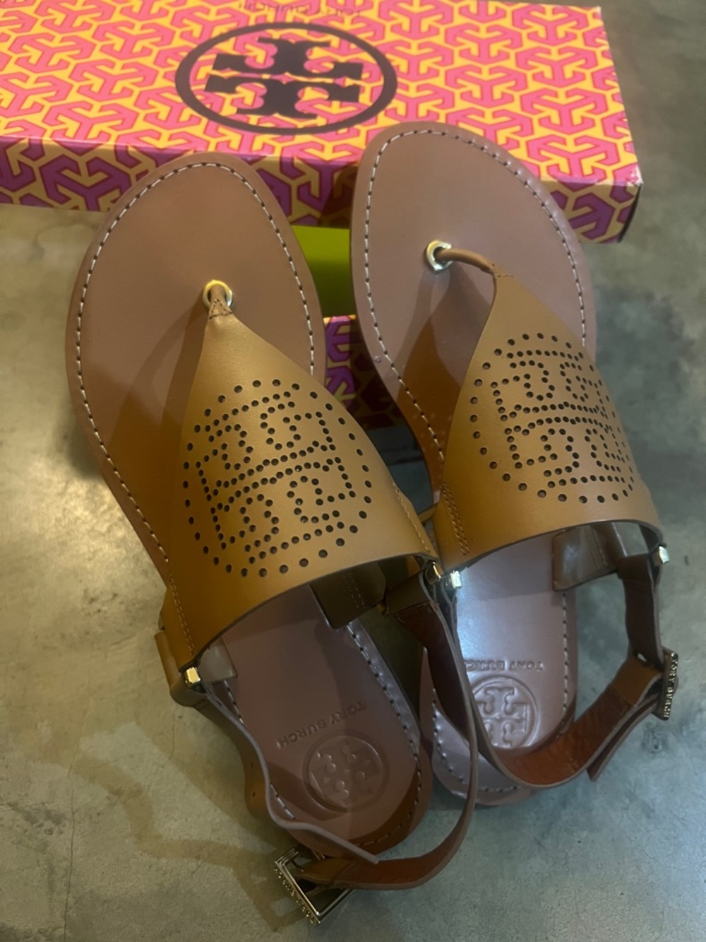 Tory Burch Cognac Perforated Logo Slingback Sandals